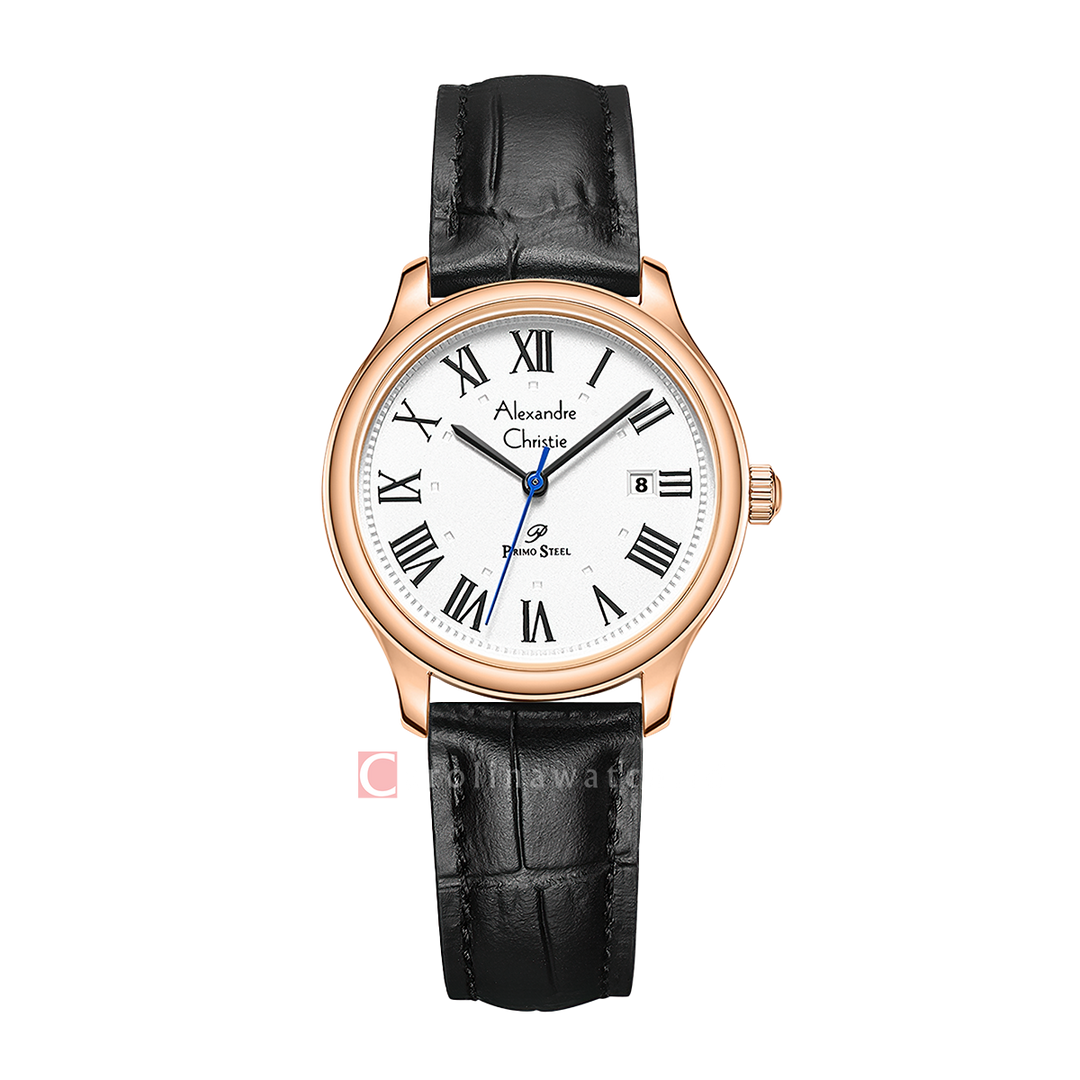 Jam Tangan Alexandre Christie Primo Steel AC 1042 LDLRGSL Women Silver White Dial Black Leather Strap