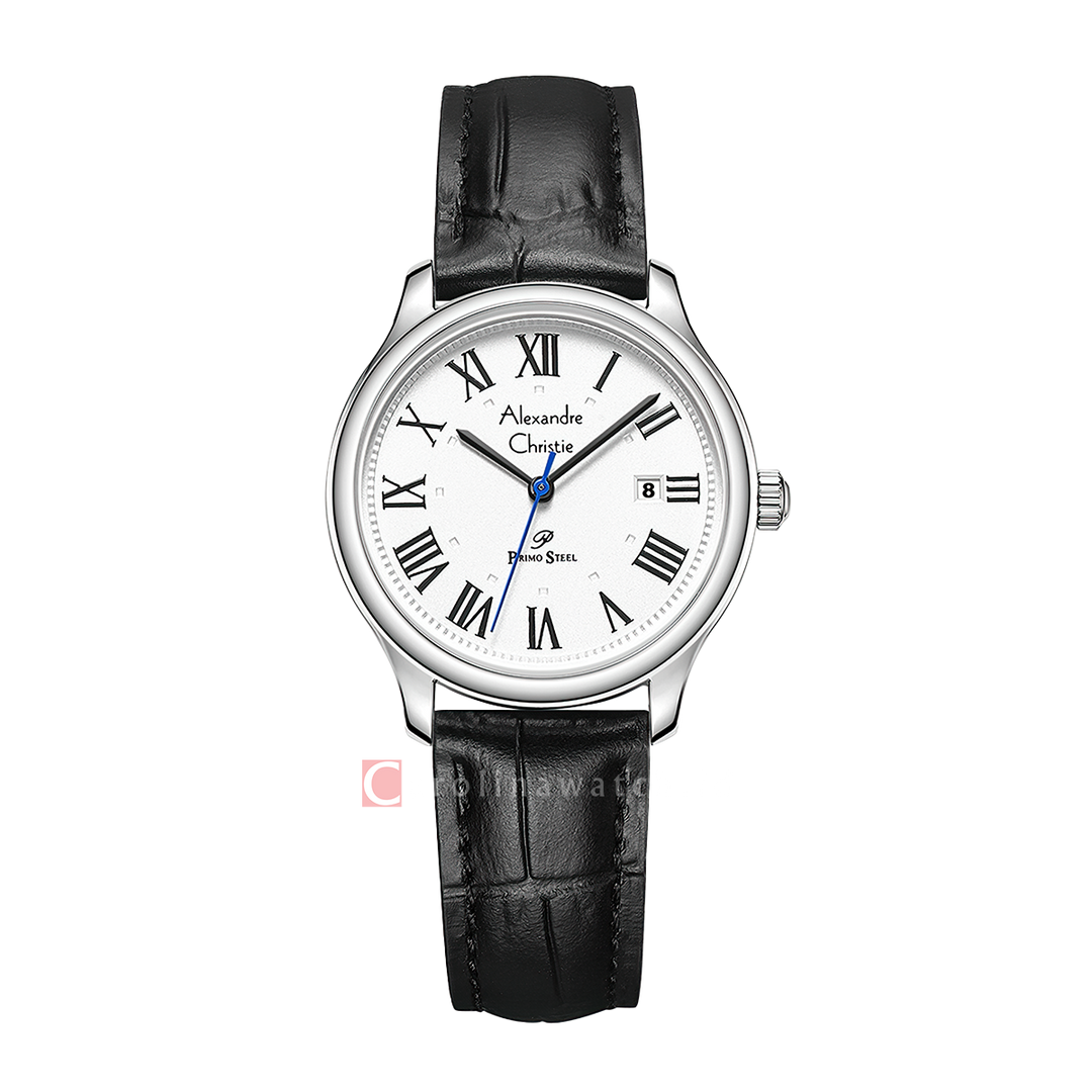 Jam Tangan Alexandre Christie Primo Steel AC 1042 LDLSSSL Women Silver White Dial Black Leather Strap
