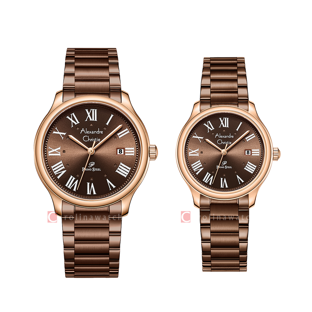 Jam Tangan Couple Alexandre Christie Primo Streel AC 1042 M/LDFROBO Brown Dial Brown Stainless Steel Strap