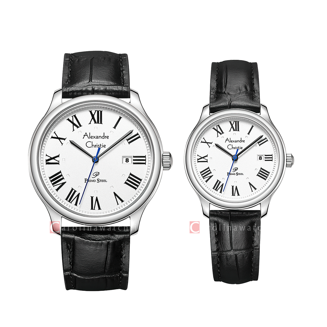Jam Tangan Couple Alexandre Christie Primo Streel AC 1042 M/LDLSSSL white Dial Black Leather Strap