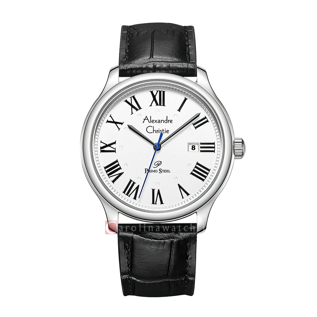 Jam Tangan Alexandre Christie Primo Steel AC 1042 MDLSSSL Men Silver White Dial Black Leather Strap