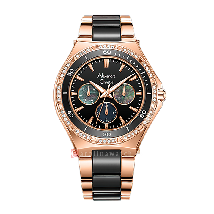 Jam Tangan Alexandre Christie Passion Ceramic AC 2294 BFBRGMA Women Black Dial Dual Tone Stainless Steel Strap