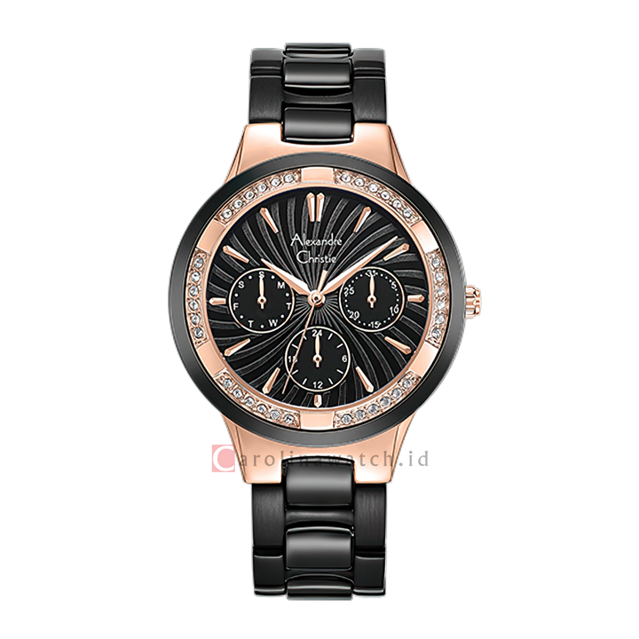 Jam Tangan Alexandre Christie Multifunction AC 2299 BFBBRBA Women Black Dial Black Stainless Steel Ceramic Strap