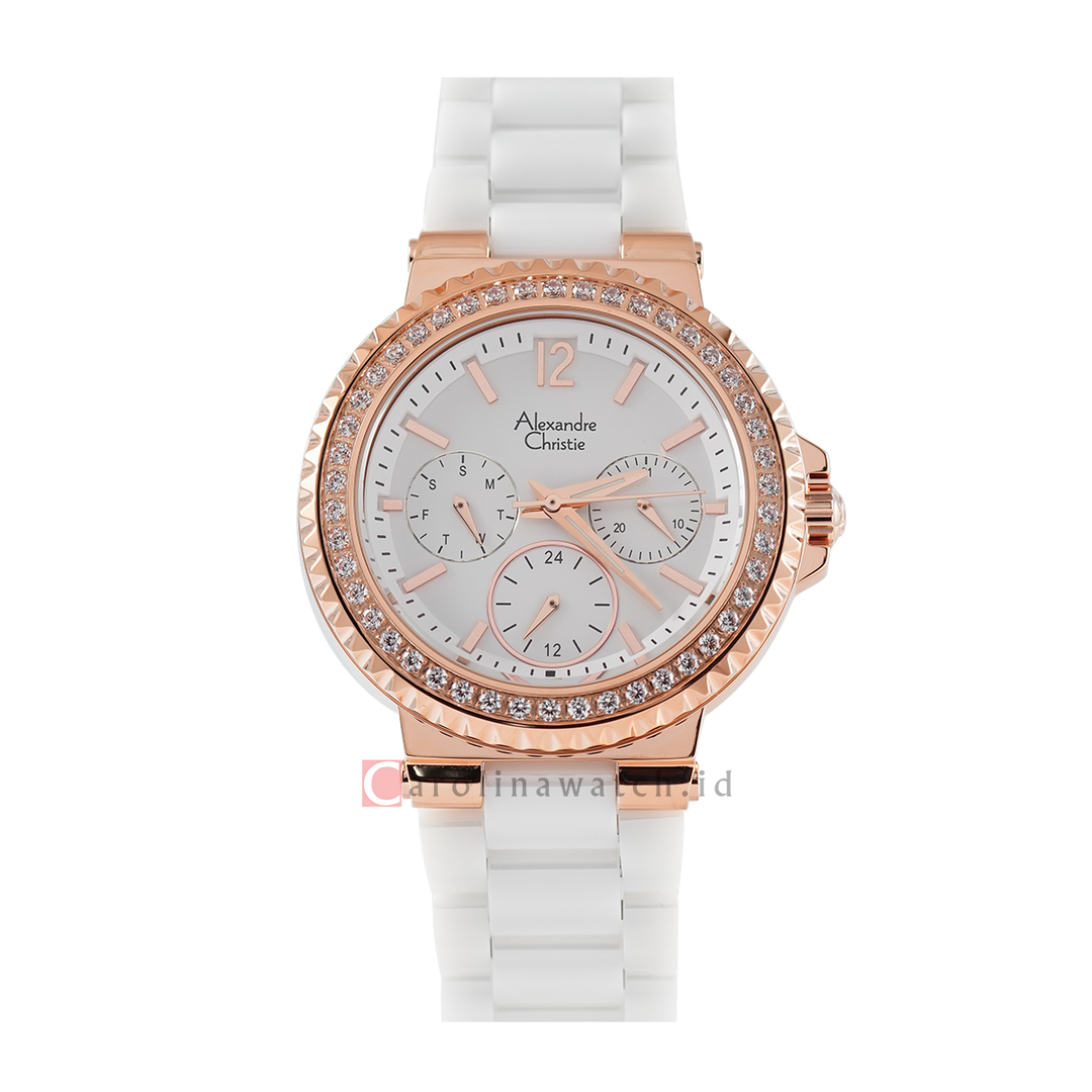 Jam Tangan Alexandre Christie AC Fashion AC 2337 BFBRGSLDR Women Silver Dial White Ceramic Strap