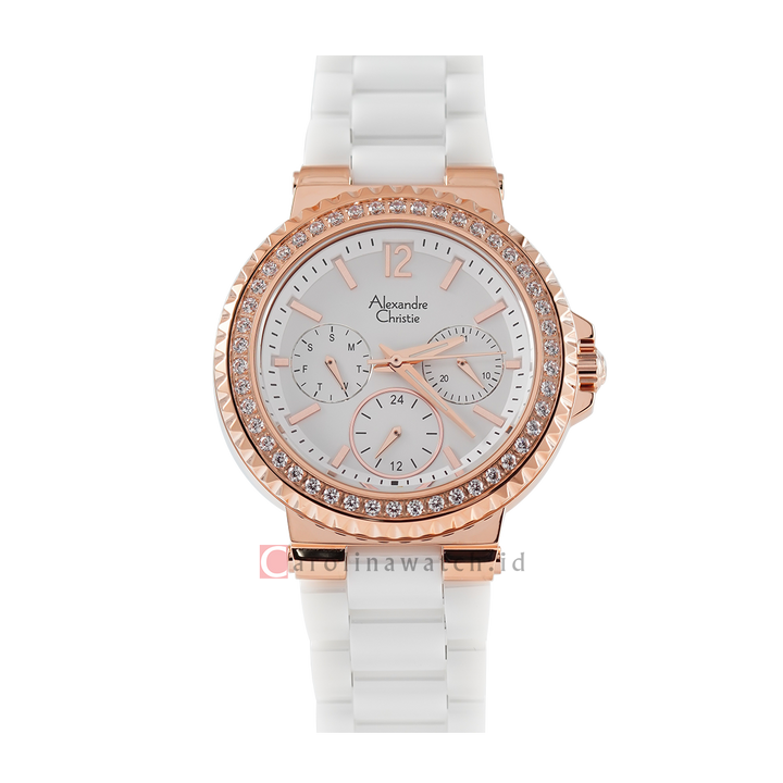 Jam Tangan Alexandre Christie AC Fashion AC 2337 BFBRGSLDR Women Silver Dial White Ceramic Strap