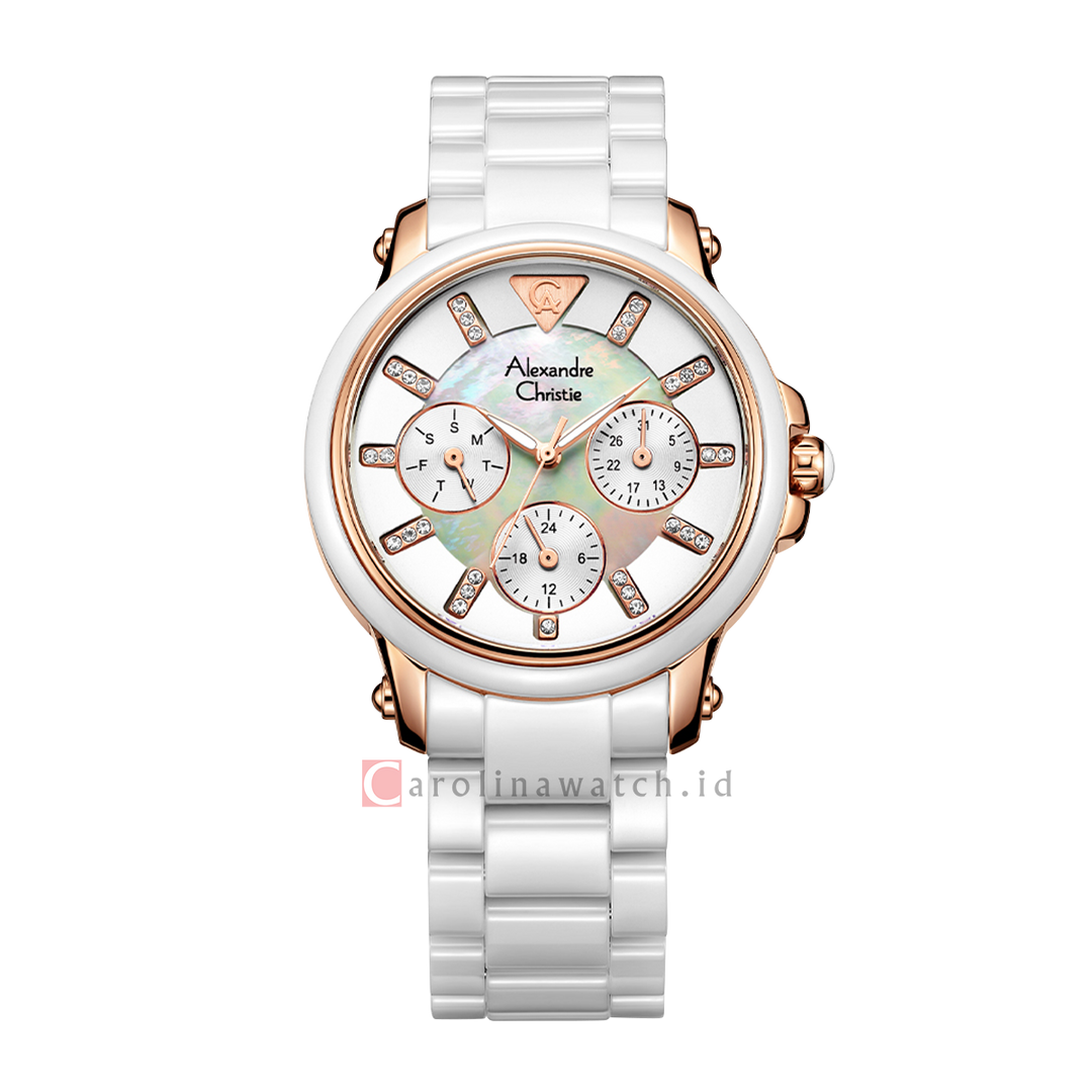 Jam Tangan Alexandre Christie AC Fashion AC 2375 BFBRGSL Women White Mother Of Pearl Dial White Ceramic Strap