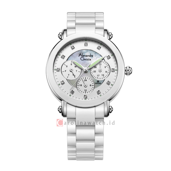 Jam Tangan Alexandre Christie AC Fashion AC 2377 BFBSSSL Women White Mother of Pearl Dial White Stainless Steel Strap