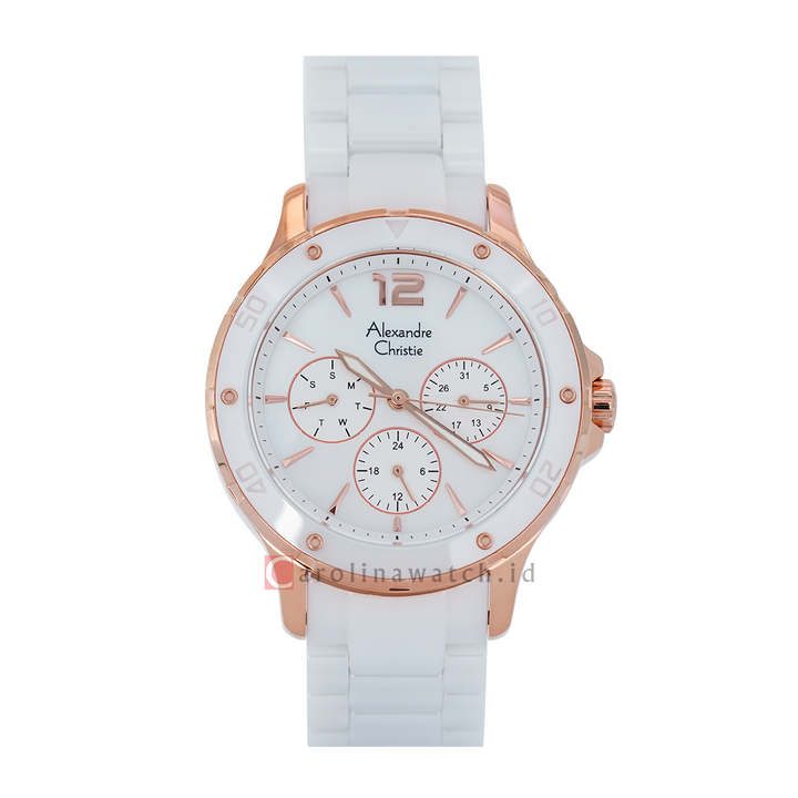 Jam Tangan Alexandre Christie Multifunction AC 2438 BFBRGSL Women White Mother of Pearl Dial White Ceramic Strap