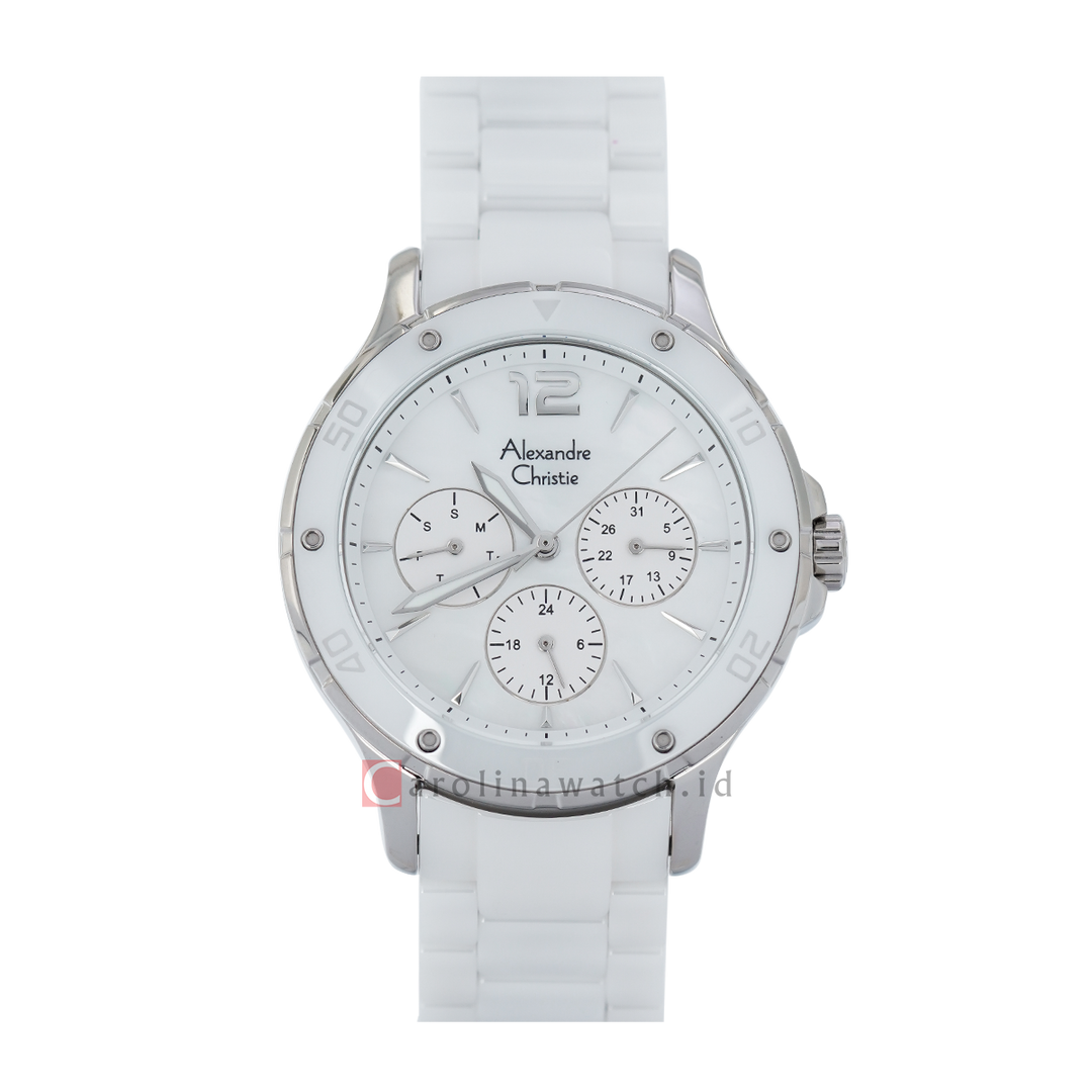 Jam Tangan Alexandre Christie Multifunction AC 2438 BFBSSSL Women White Mother of Pearl Dial White Stainless Steel Strap