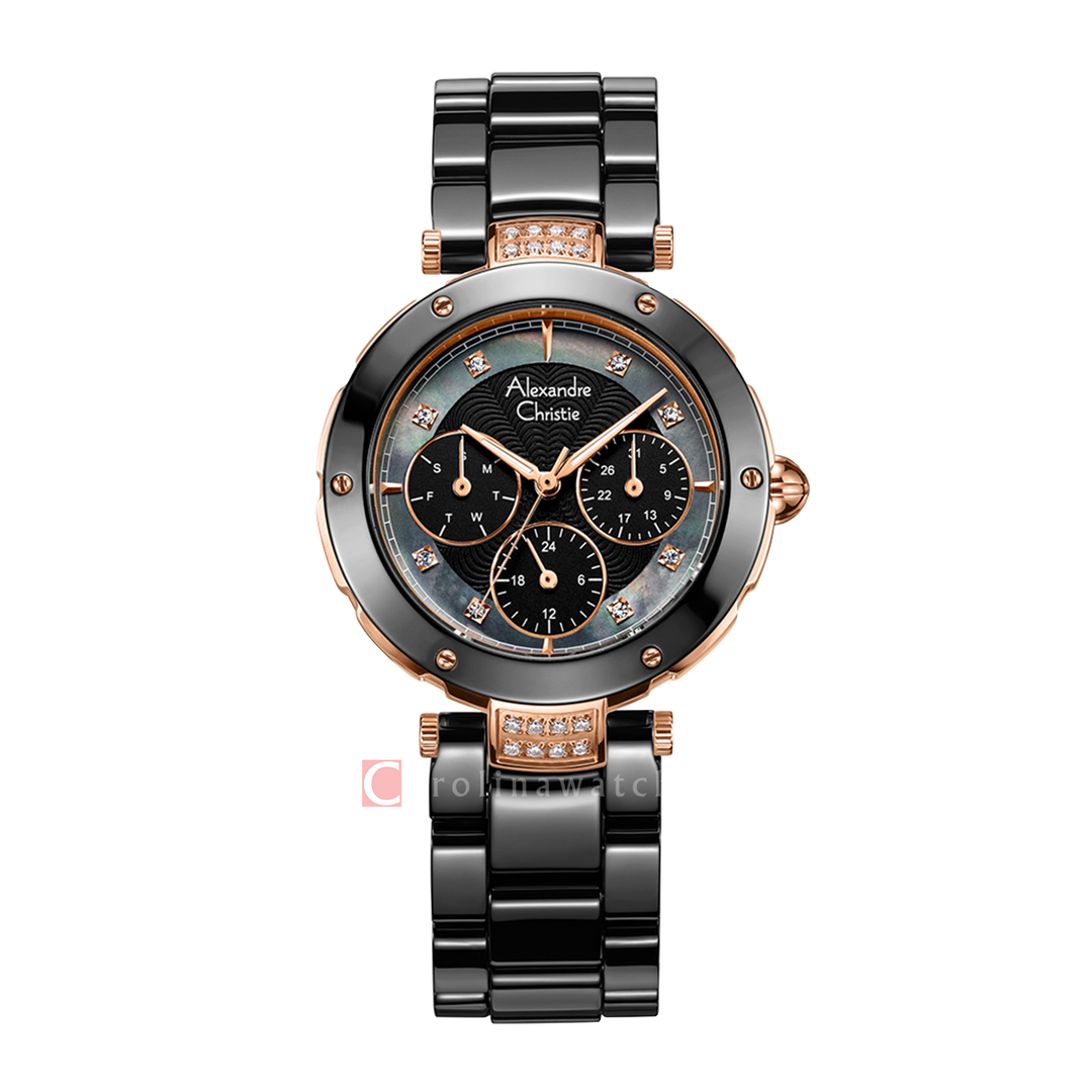 Jam Tangan Alexandre Christie Multifunction AC 2439 BFBRGBA Women Black Dial Black Ceramic Strap