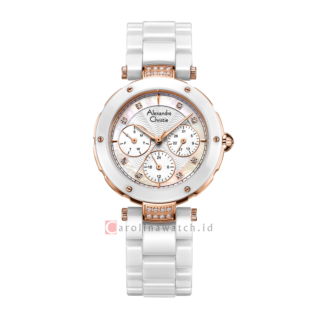 Jam Tangan Alexandre Christie Multifunction AC 2439 BFBRGSL Women White Dial White Ceramic Strap