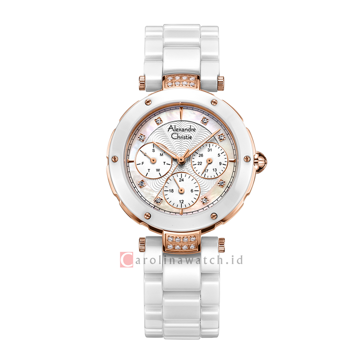 Jam Tangan Alexandre Christie Multifunction AC 2439 BFBRGSL Women White Dial White Ceramic Strap