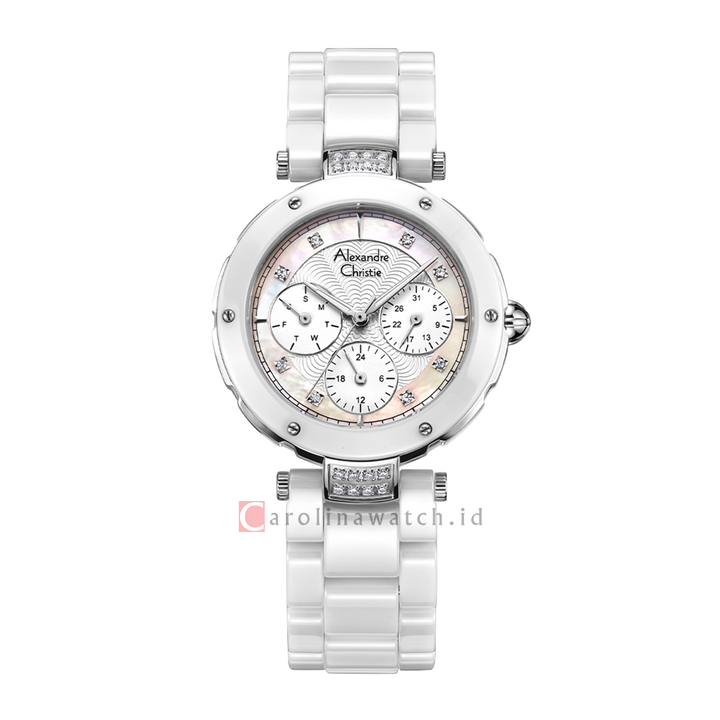 Jam Tangan Alexandre Christie Multifunction AC 2439 BFBSSSL Women Silver Dial White Ceramic Strap