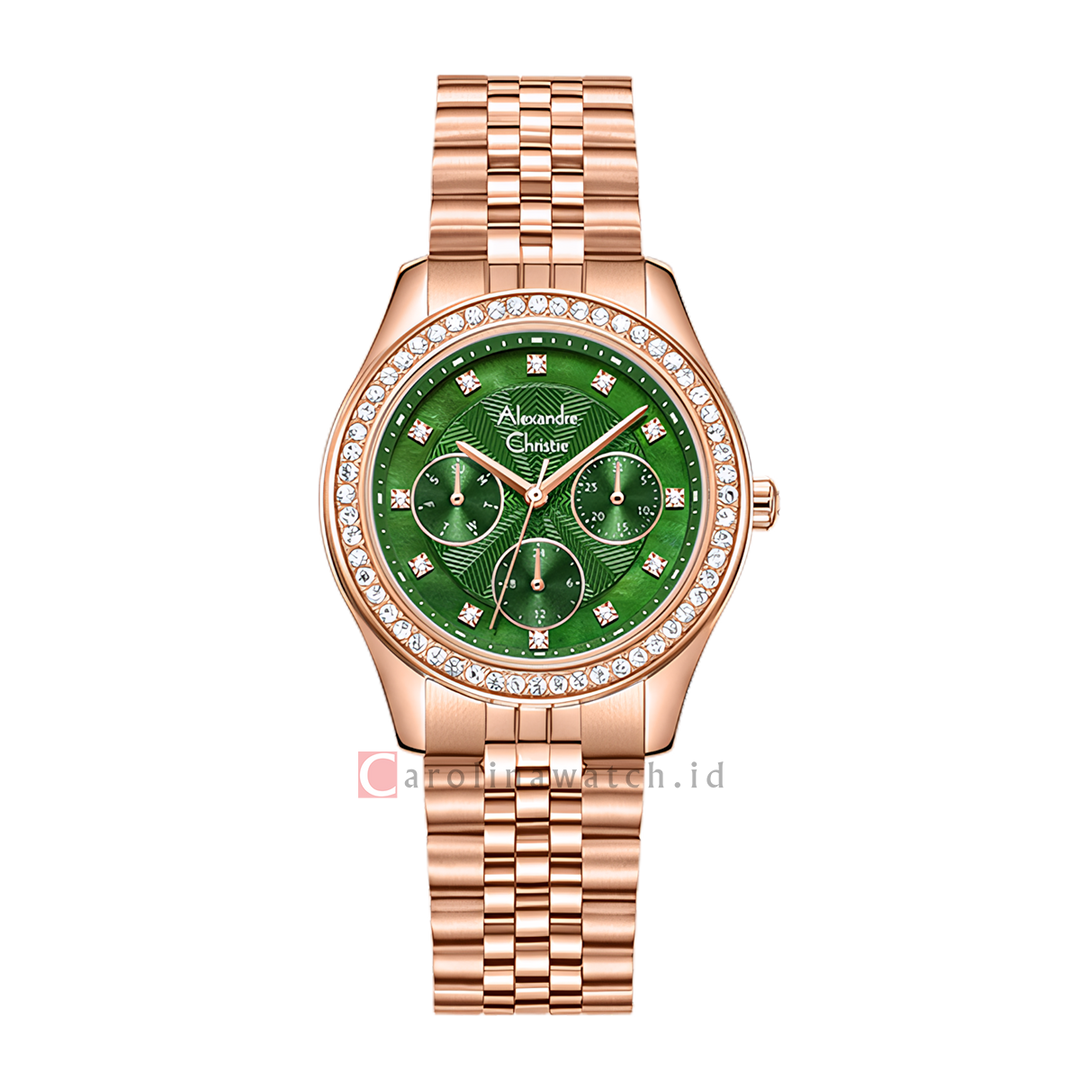 Jam Tangan Alexandre Christie AC 2496 BFBRGOG1 Women Green Dial Rose Gold Stainless Steel Strap