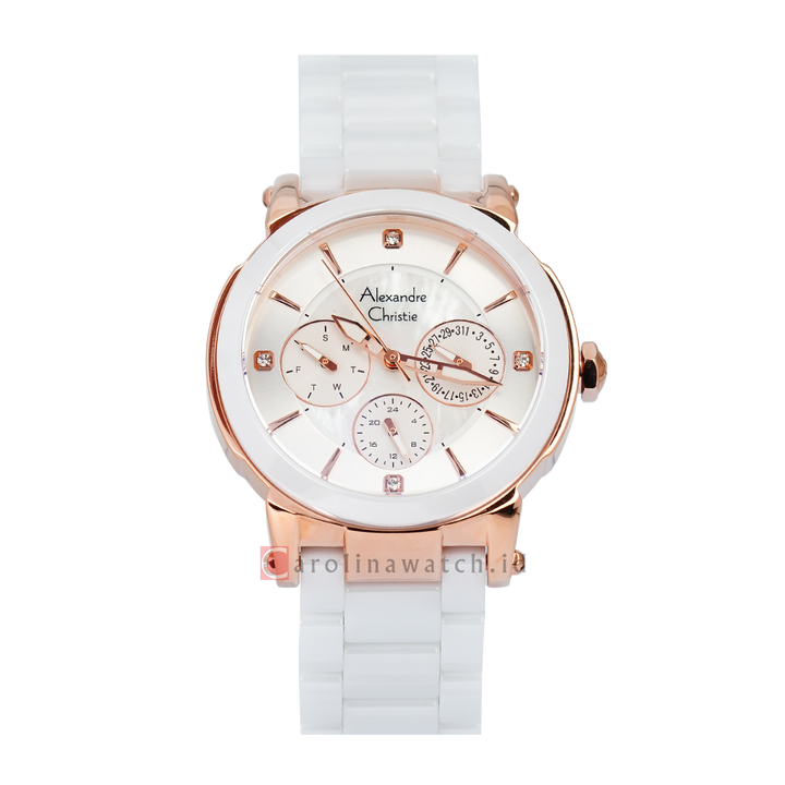 Jam Tangan Alexandre Christie Multifunction AC 2517 BFBRGSL Women White Mother of Pearl Dial White Ceramic Strap