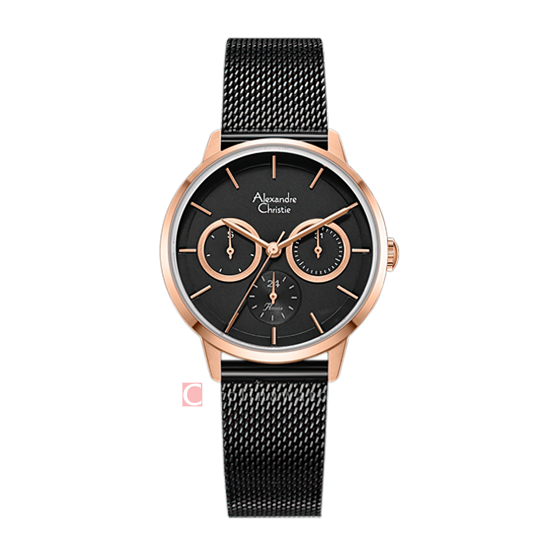 Jam Tangan Alexandre Christie Multifunction AC 2682 BFBBRBA Women Black Dial Black Mesh Stainless Steel Strap