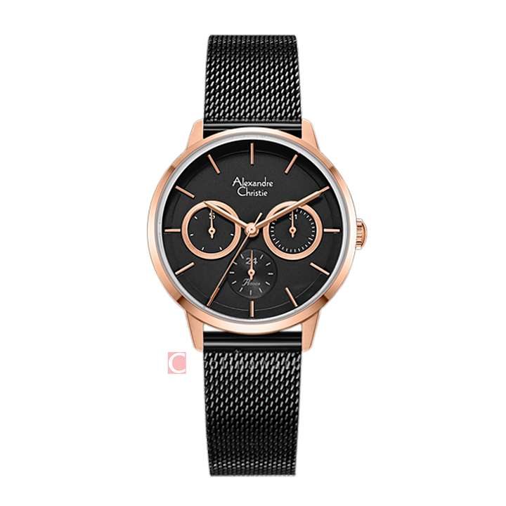 Jam Tangan Alexandre Christie Multifunction AC 2682 BFBBRBA Women Black Dial Black Mesh Stainless Steel Strap