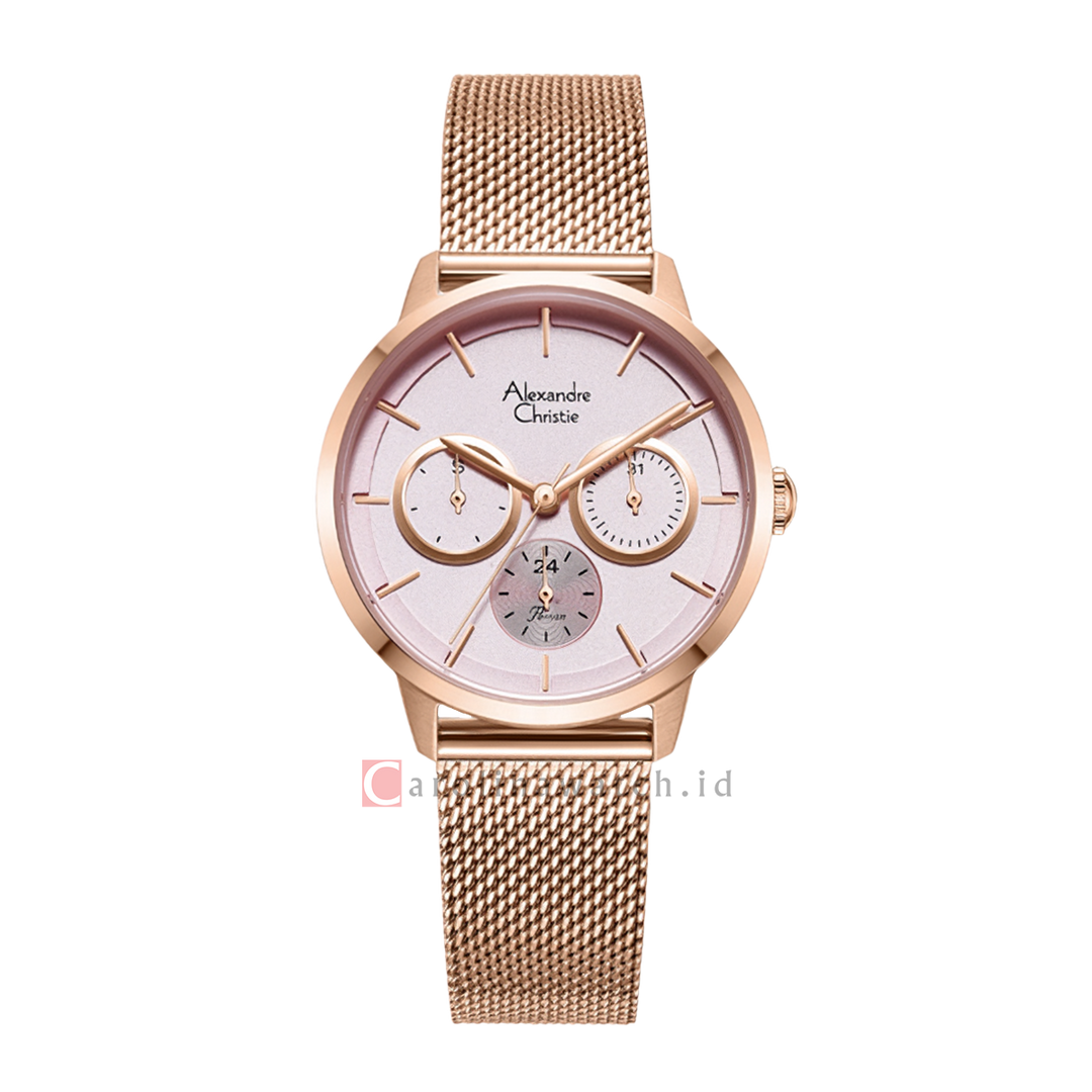 Jam Tangan Alexandre Christie AC 2682 BFBRGLK Women Light Purple Dial Rose Gold Mesh Stainless Steel Strap