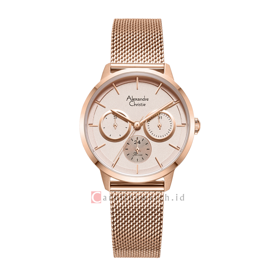 Jam Tangan Alexandre Christie AC 2682 BFBRGPN Women Pink Dial Rose Gold Mesh Stainless Steel Strap