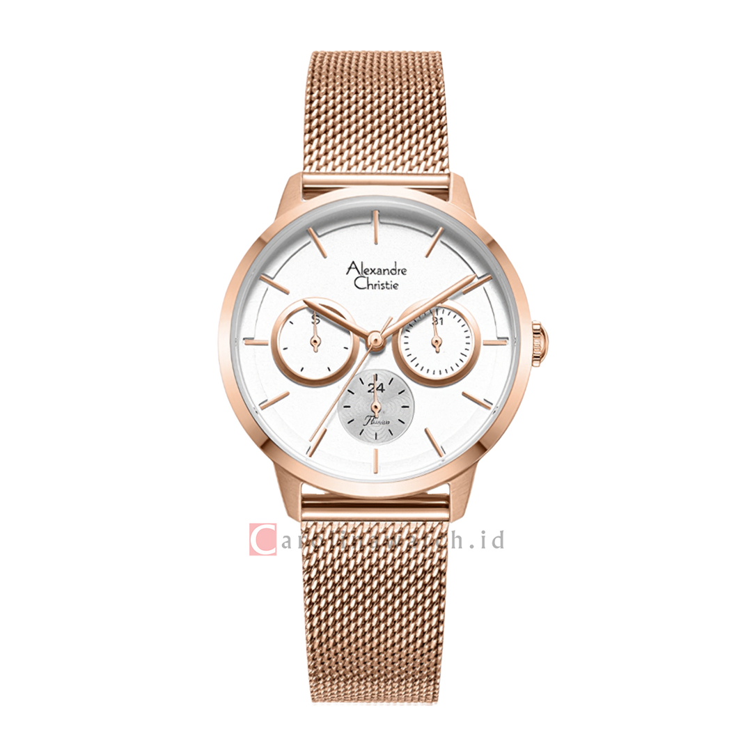 Jam Tangan Alexandre Christie AC 2682 BFBRGSL Women Silver White Dial Rose Gold Mesh Stainless Steel Strap