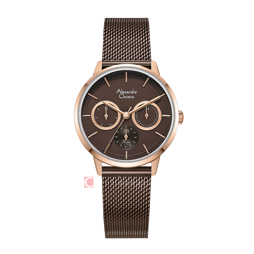 Jam Tangan Alexandre Christie Multifunction AC 2682 BFBROBO Women Brown Dial Brown Mesh Stainless Steel Strap