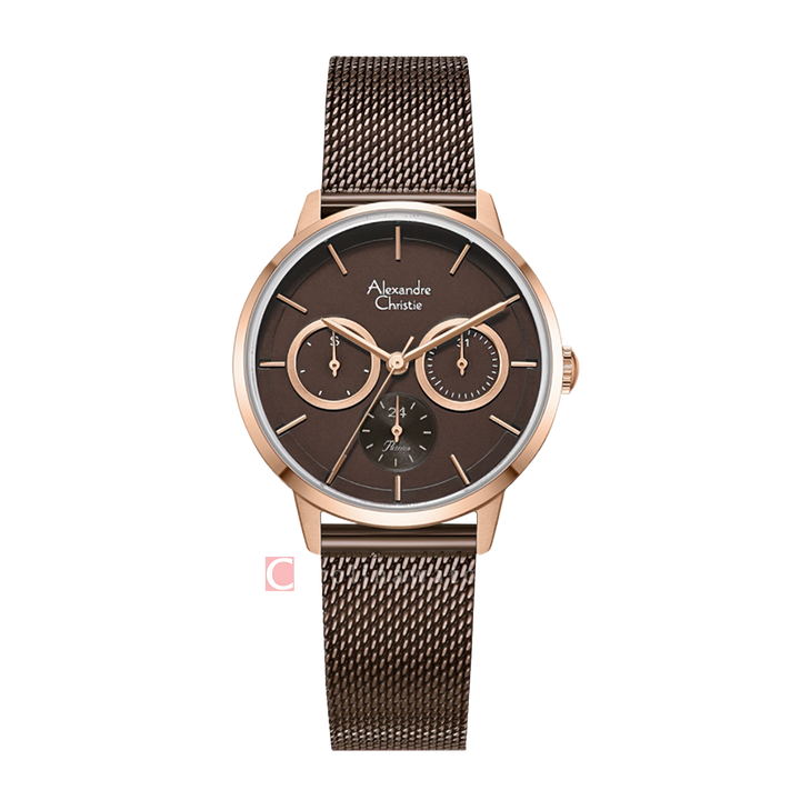 Jam Tangan Alexandre Christie Multifunction AC 2682 BFBROBO Women Brown Dial Brown Mesh Stainless Steel Strap