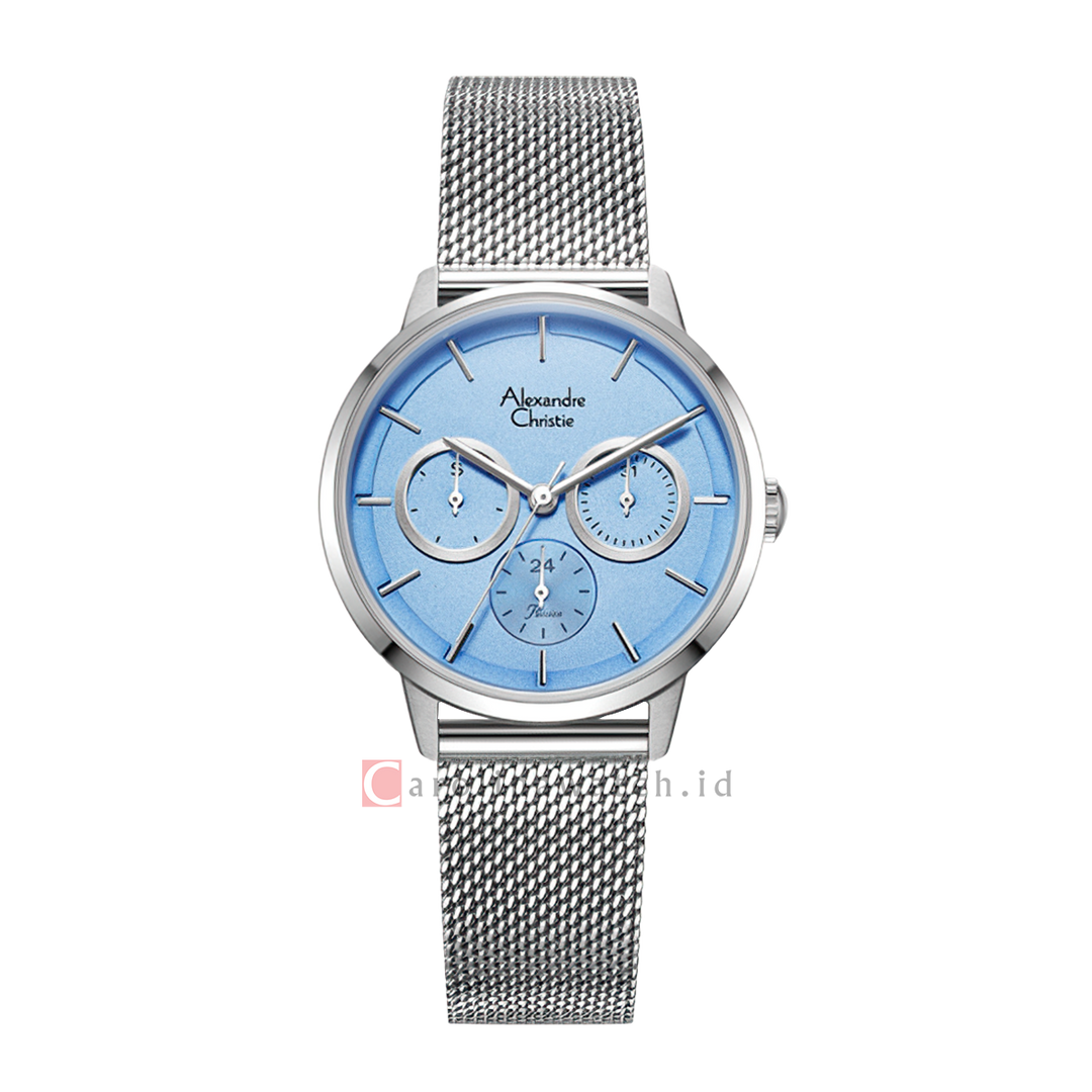 Jam Tangan Alexandre Christie Multifunction AC 2682 BFBSSLB Women Blue Dial Mesh Stainless Steel Strap