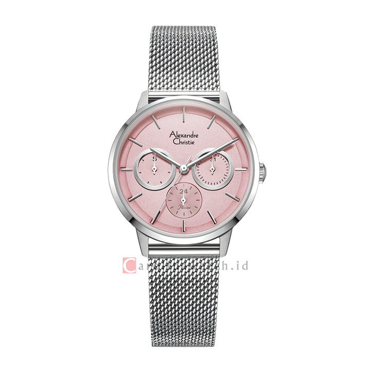 Jam Tangan Alexandre Christie Multifunction AC 2682 BFBSSPN Women Pink Dial Mesh Stainless Steel Strap