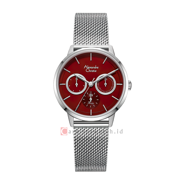 Jam Tangan Alexandre Christie Multifunction AC 2682 BFBSSRE Women Red Dial Mesh Stainless Steel Strap