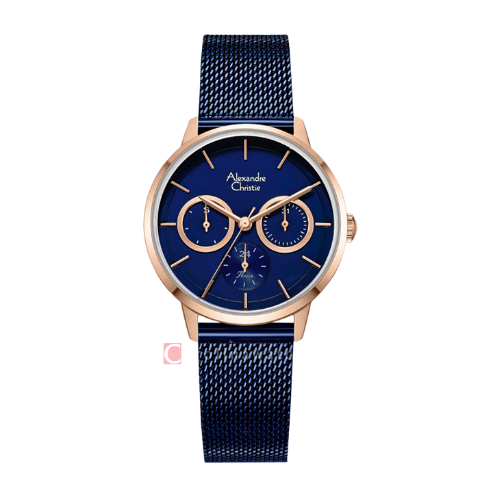 Jam Tangan Alexandre Christie Multifunction AC 2682 BFBURBU Women Blue Dial Blue Mesh Stainless Steel Strap