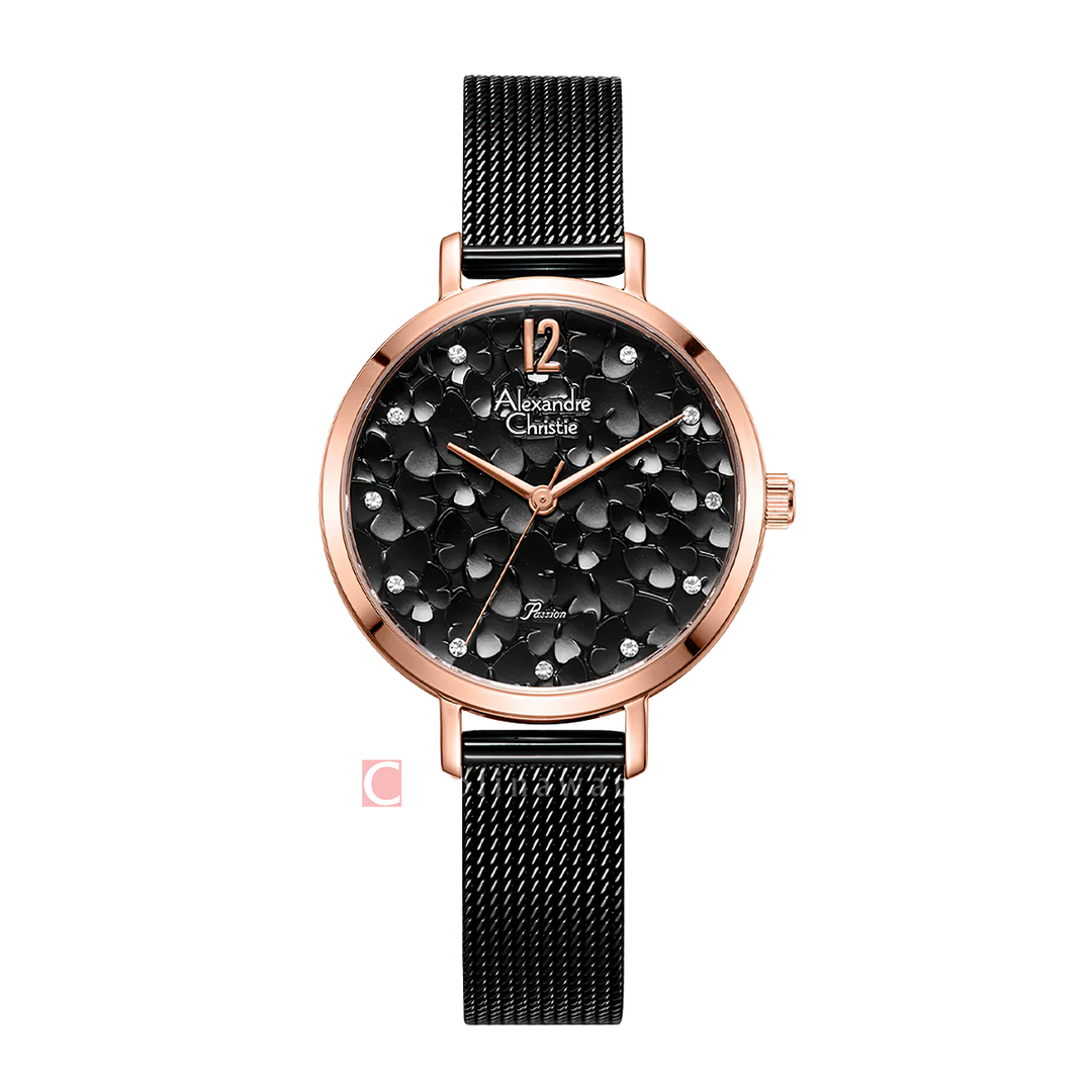 Jam Tangan Alexandre Christie Passion AC 2728 LHBBRBA Women Black Dial Black Mesh Stainless Steel Strap