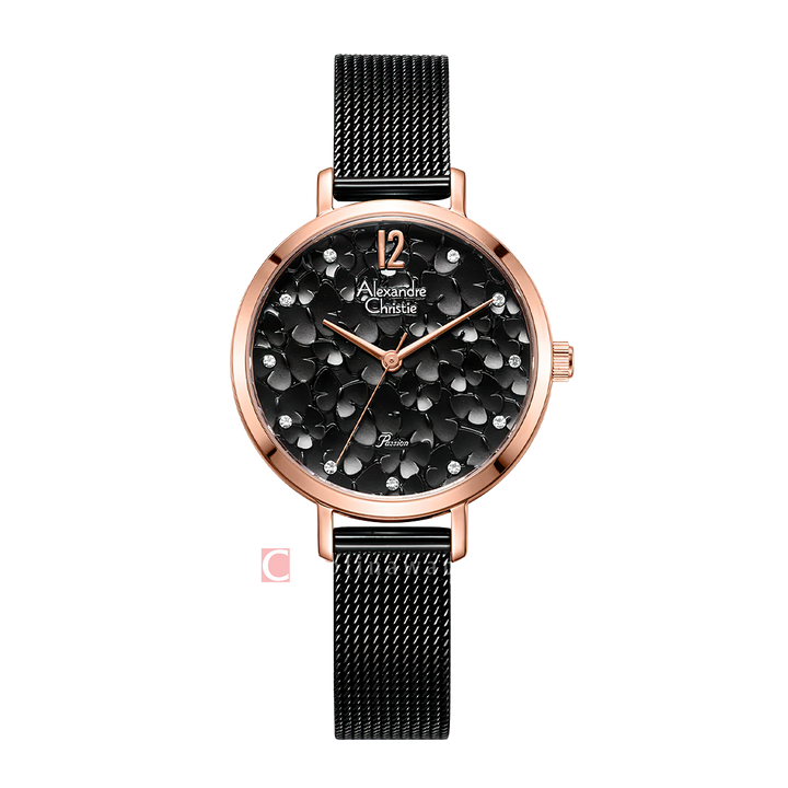 Jam Tangan Alexandre Christie Passion AC 2728 LHBBRBA Women Black Dial Black Mesh Stainless Steel Strap