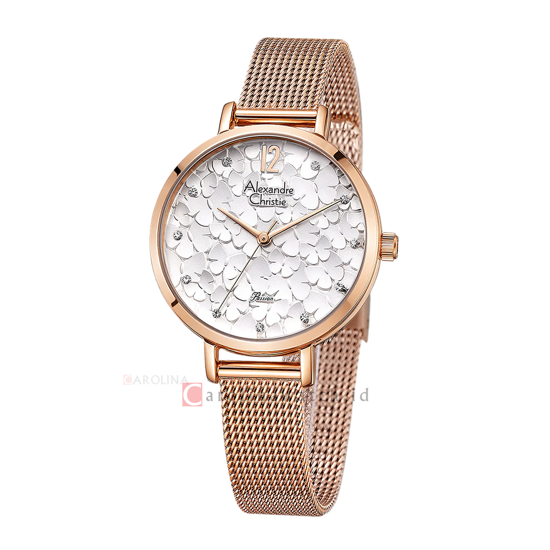 Jam Tangan Alexandre Christie Passion AC 2728 LHBRGSL Women Silver White Dial Rose Gold Mesh Stainless Steel Strap