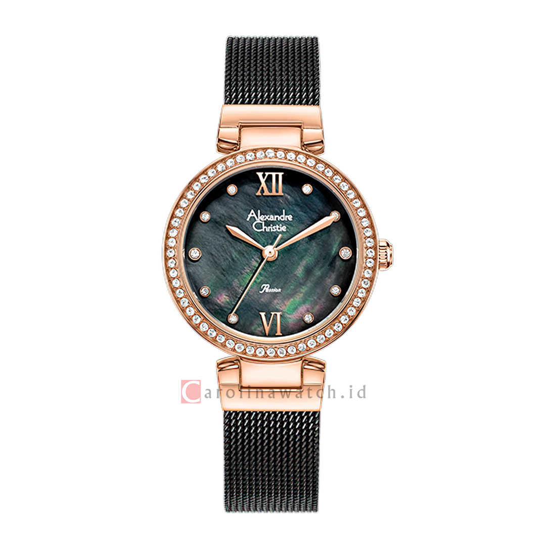 Jam Tangan Alexandre Christie Passion AC 2754 LHBBRMA Women Mother of Pearl Dial Black Mesh Stainless Steel Strap