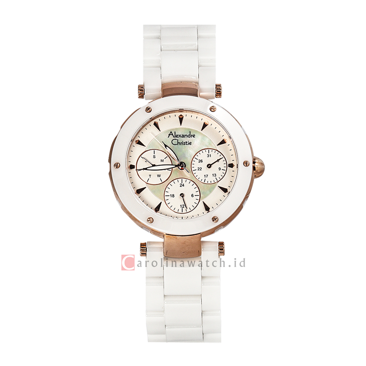 Jam Tangan Alexandre Christie AC Fashion AC 2807 BFBRGSL Women White Mother of Pearl Dial White Ceramic Strap