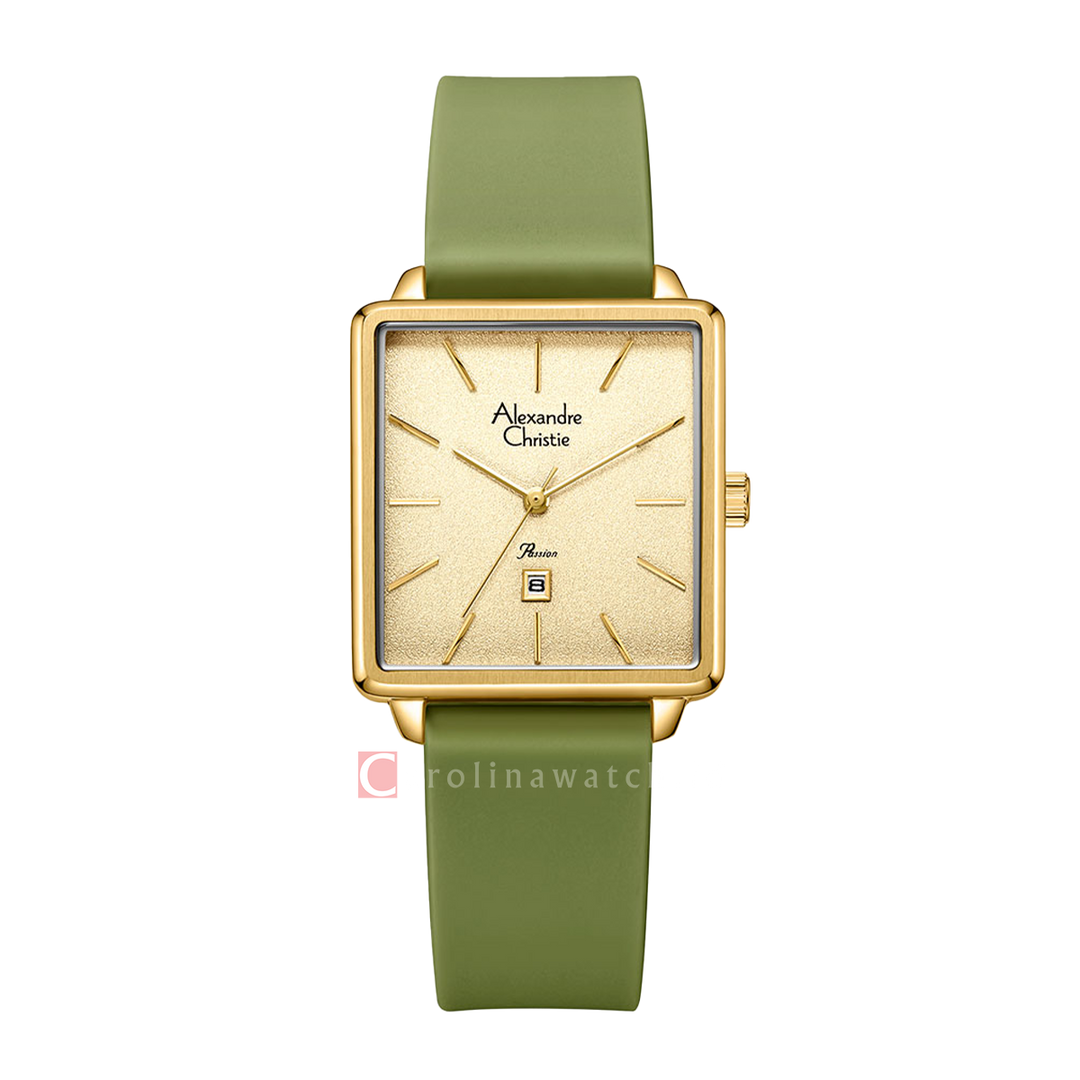 Jam Tangan Alexandre Christie Passion AC 2810 LHRGPIV Women Gold Dial Green Rubber Strap