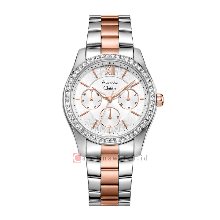 Jam Tangan Alexandre Christie AC 2827 BFBTRSL Women White Dial Dual Tone Stainless Steel Strap