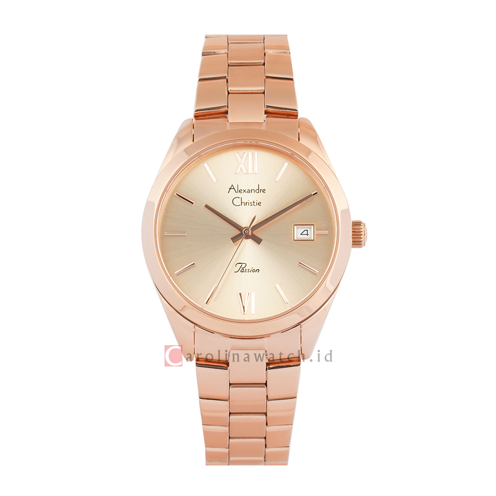 Jam Tangan Alexandre Christie Passion AC 2840 LDBRGRG Women Gold Dial Rose Gold Stainless Steel Strap