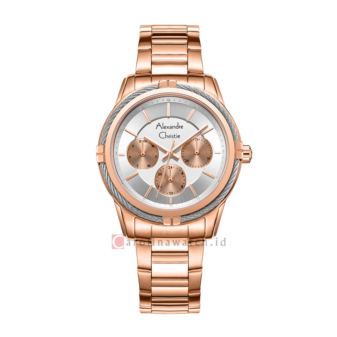 Jam Tangan Alexandre Christie Multifunction AC 2843 BFBRGSLRG Women Silver Dial Rose Gold Stainless Steel Strap