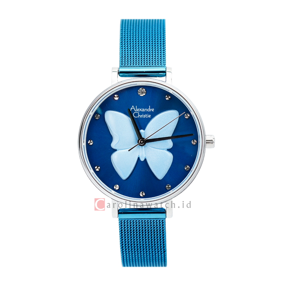 Jam Tangan Alexandre Christie Classic AC 2850 LHBTUBU Women Blue Butterfly Dial Blue Stainless Steel Strap