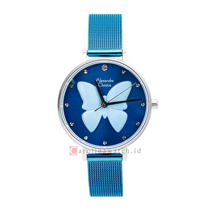 Jam Tangan Alexandre Christie Classic AC 2850 LHBTUBU Women Blue Butterfly Dial Blue Stainless Steel Strap