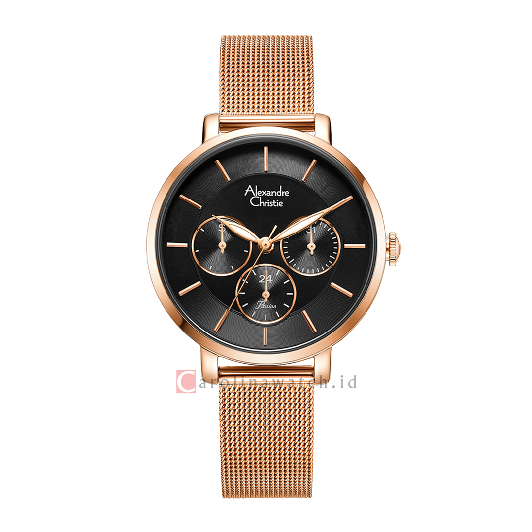 Jam Tangan Alexandre Christie Passion AC 2870 BFBRGBA Women Black Dial Rose Gold Mesh Stainless Steel Strap