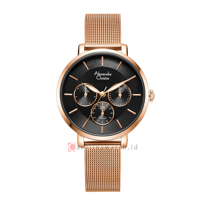 Jam Tangan Alexandre Christie Passion AC 2870 BFBRGBA Women Black Dial Rose Gold Mesh Stainless Steel Strap