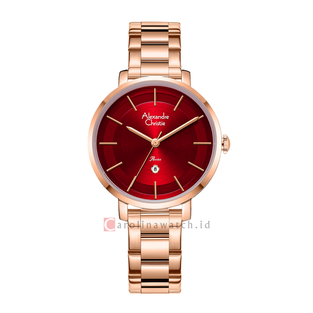 Jam Tangan Alexandre Christie Passion AC 2870 LDBRGRE Women Red Dial Rose Gold Stainless Steel Strap