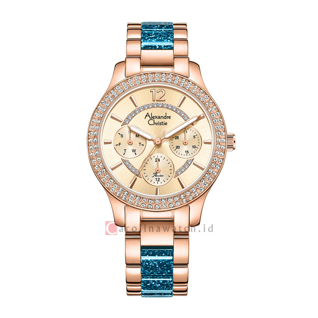 Jam Tangan Alexandre Christie Multifunction AC 2914 BFBRGLGLB Women Gold Dial Dual Tone Stainless Steel Strap