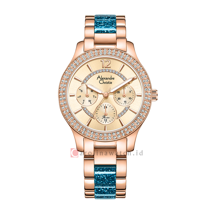 Jam Tangan Alexandre Christie Multifunction AC 2914 BFBRGLGLB Women Gold Dial Dual Tone Stainless Steel Strap