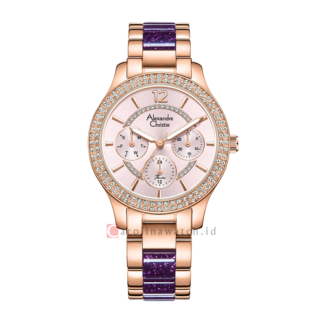 Jam Tangan Alexandre Christie Multifunction AC 2914 BFBRGLPPU Women Light Purple Dial Rose Gold Dual Tone Stainless Steel Strap