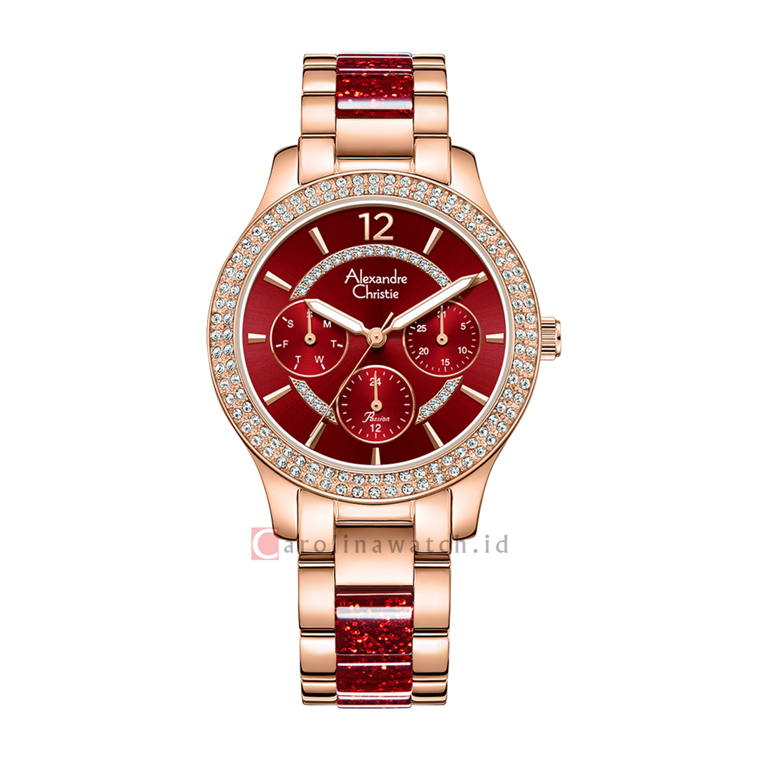 Jam Tangan Alexandre Christie Multifunction AC 2914 BFBRGRERE Women Red Dial Dual Tone Stainless Steel Strap