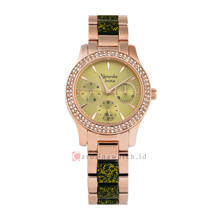 Jam Tangan Alexandre Christie Passion AC 2932 BFBRGGNGN Women Green Dial Rose Gold Dual Tone Stainless Steel Strap