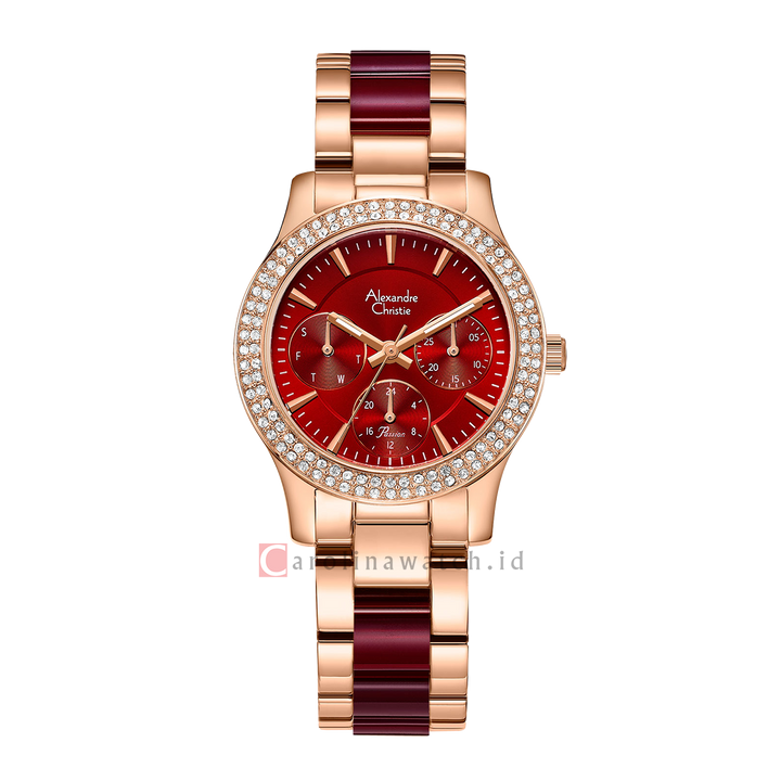 Jam Tangan Alexandre Christie AC 2932 BFBRGRE Women Red Dial Dual Tone Stainless Steel Strap